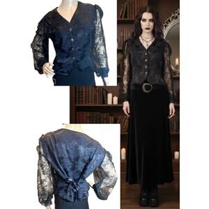Whimsigoth Black Lace Blouse 90s Goth Poet Sleeve Vest Top Medium Dark Academia
